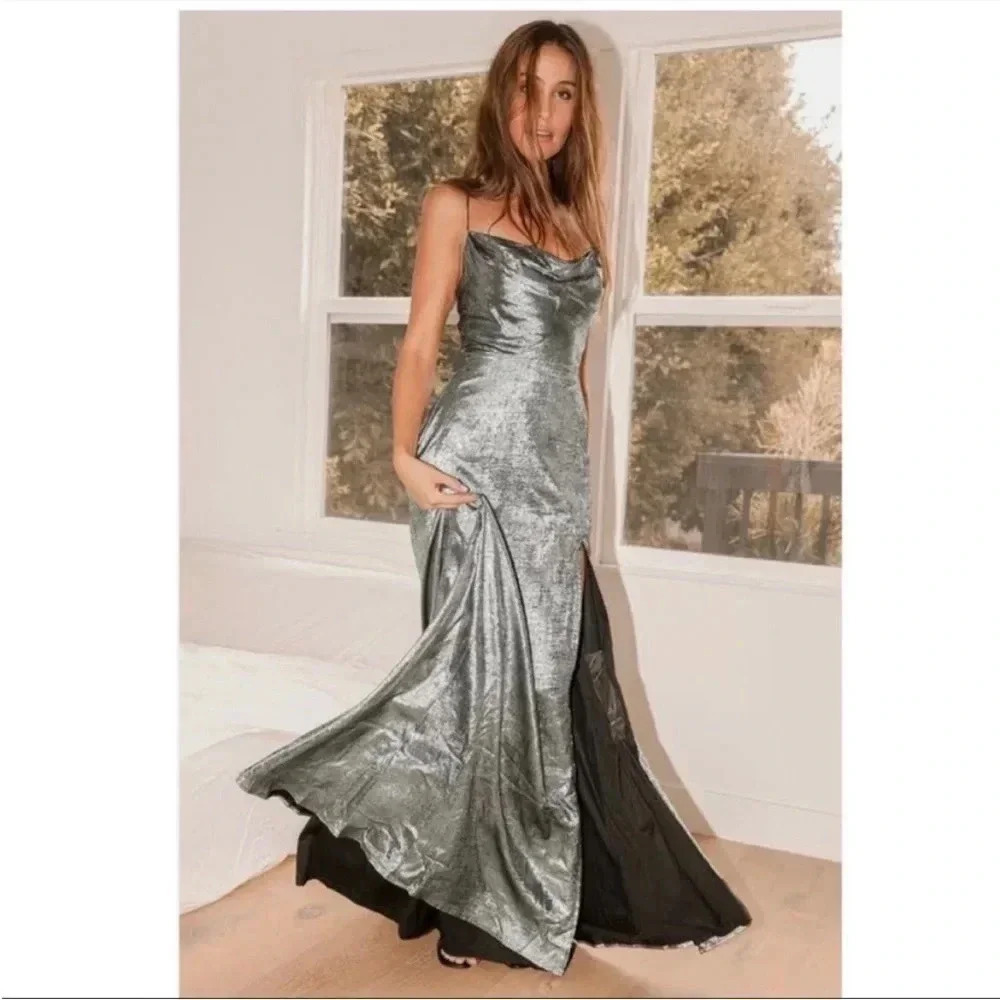 Lulus gunmetal ruffle open slit maxi dress - Picture 2 of 8